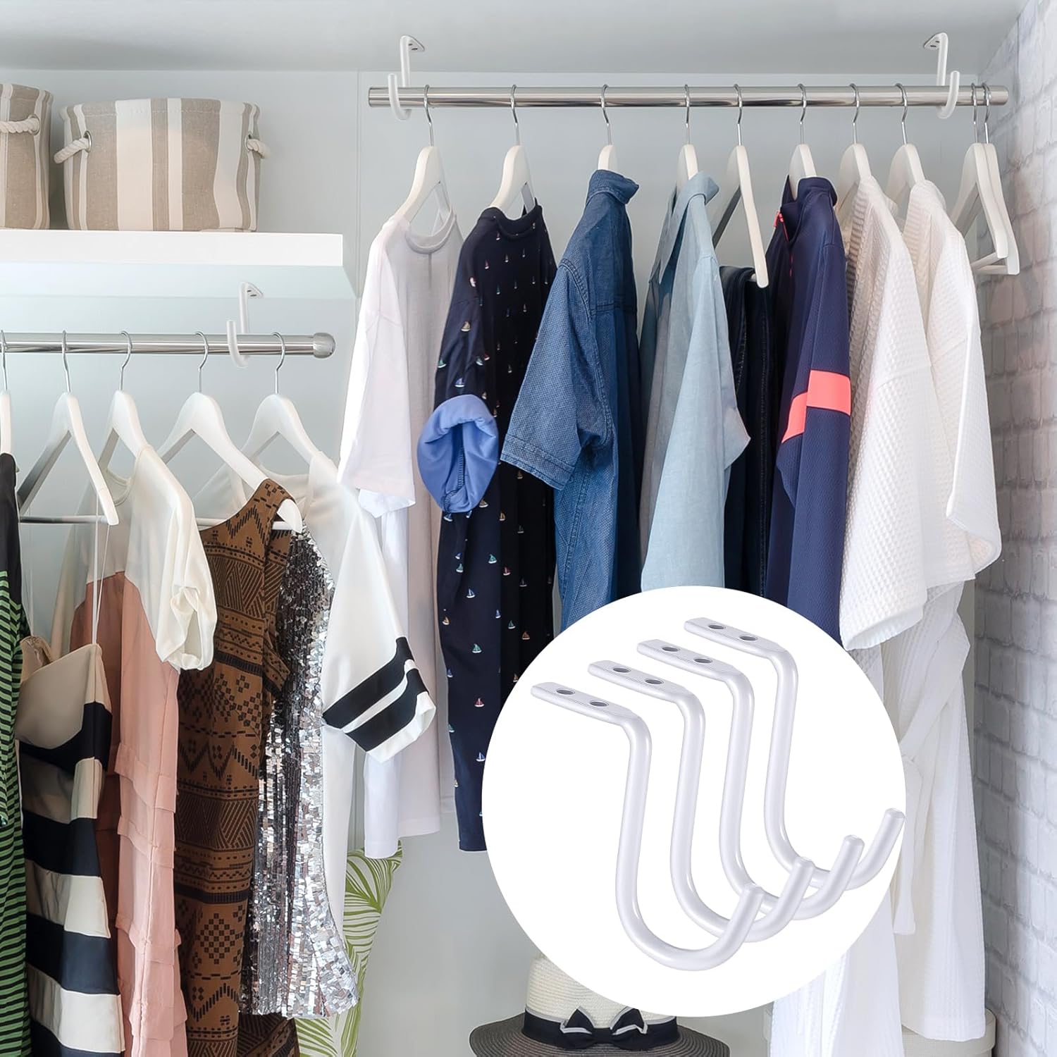 Gisafai 4 Pcs Closet Rod Center Supports 1-1/2 Inch Heavy Duty Metal Wall Mount Brackets for Shelf Closet Rod Clothes Storage(White)